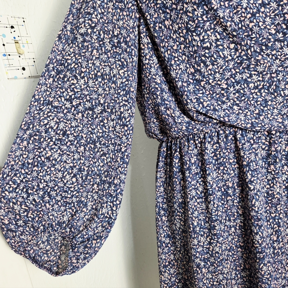 Banana Republic Blue & Pink Floral Ruffle-Neck Dress, Ties on the Side, Size 14 - Picture 7 of 15